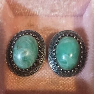 Elegant Silver and Green Turquoise Stone Clip On Earrings